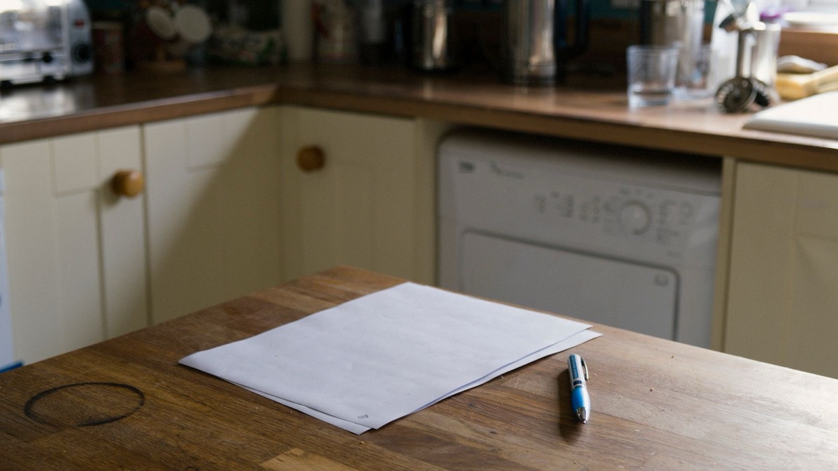 A stack of white sheets and a blue pen on a wooden table in front of kitchen cabinets