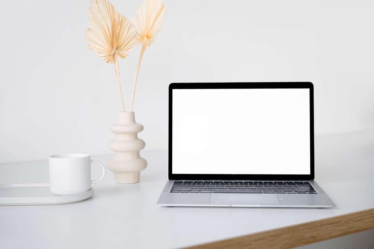 An open laptop with a blank screen on a white desk beside a white mug and dried palm leaves in a vase