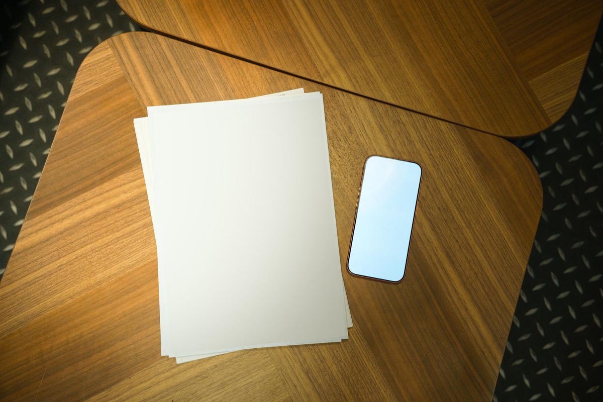 A stack of blank sheets and a phone on a wooden desk